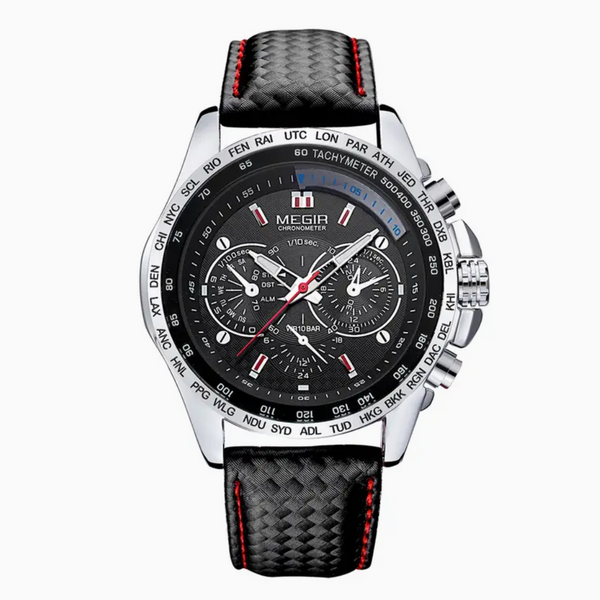MEGIR Black/silver Leather Watch
